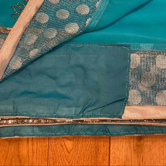 NWOT never worn hand embroidered chiffon saree Aqua-blue/Silver - Picture 3 of 4